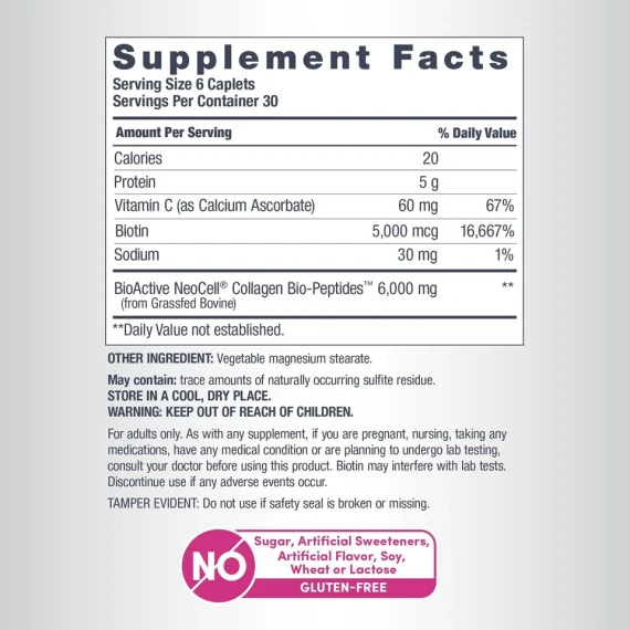NeoCell Collagen Peptides 180 Tablets Pills Vitamin Biotin Grass Bovine Hair sup info